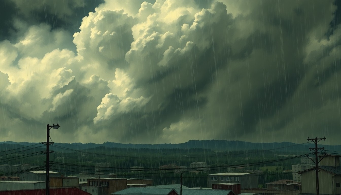 A sweeping, atmospheric landscape painting in muted tones of gray, blue, and green, with a stormy sky overhead and the silhouettes of buildings and power lines partially obscured by heavy rain and wind, conveying the dramatic impact of the severe weather on the local community.