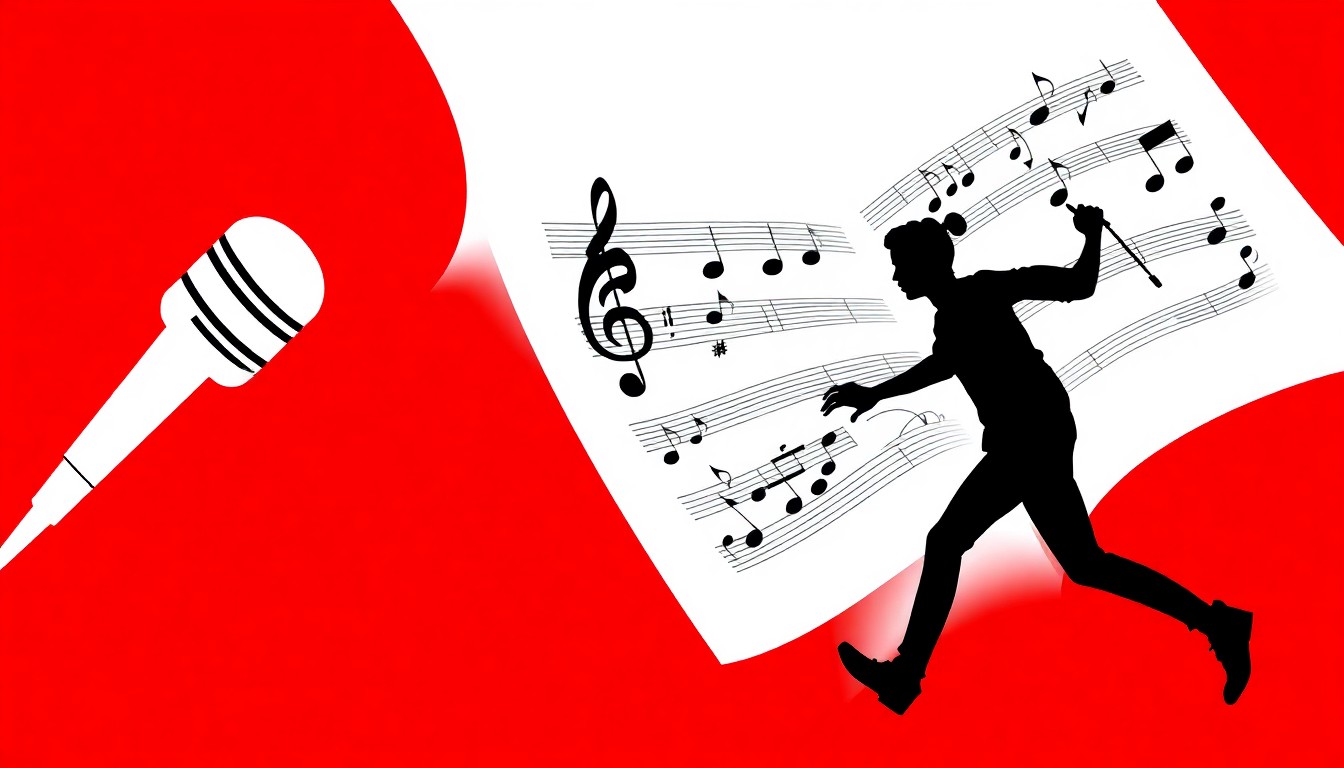 A graphic illustration featuring bold, geometric black silhouettes of a microphone, sheet music, and a human figure in motion, set against a high-contrast background of solid red and white, conceptually representing the homecoming performance of a Charleston native with a renowned collegiate a cappella ensemble.