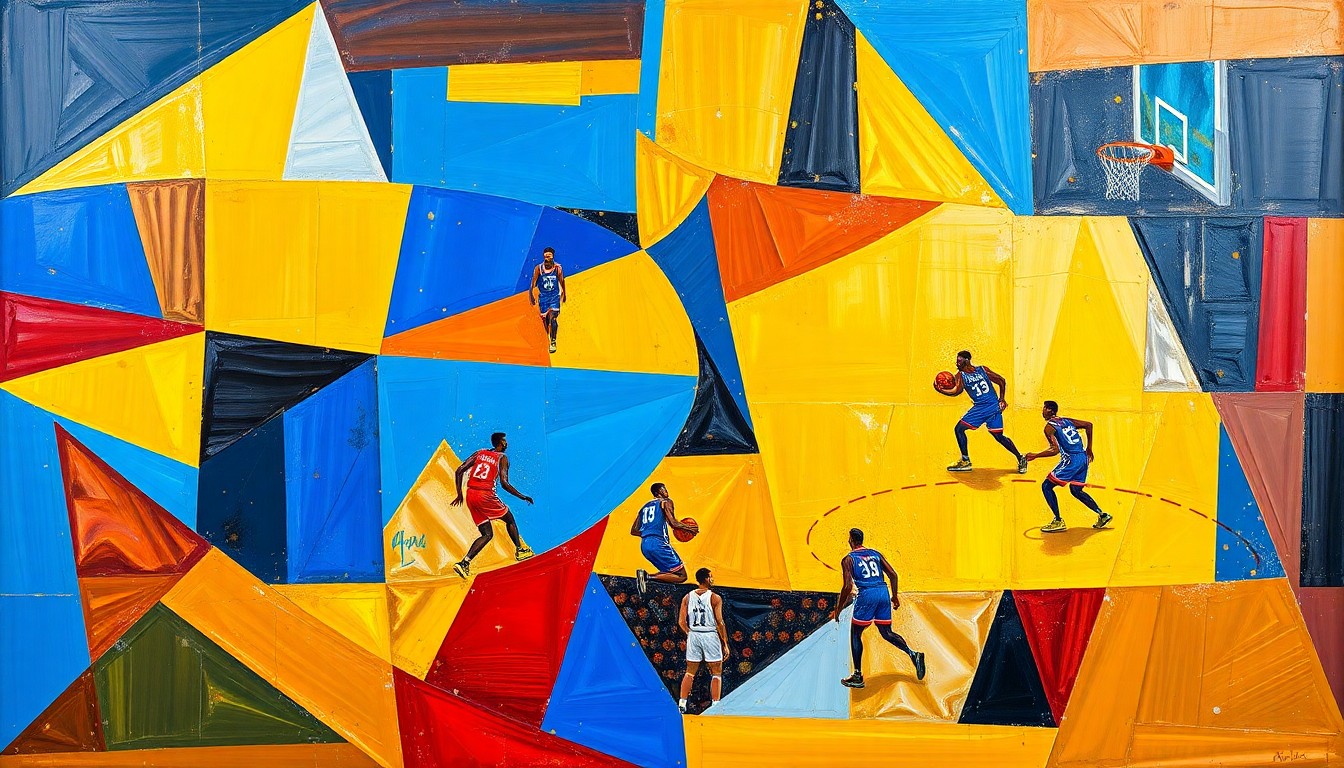 A fractured, cubist-style painting depicting basketball players and a basketball court, broken down into sharp, overlapping geometric shapes and planes in vibrant colors like blue, red, and gold, conveying the fragmented and disjointed nature of the Wizards' recent seasons.