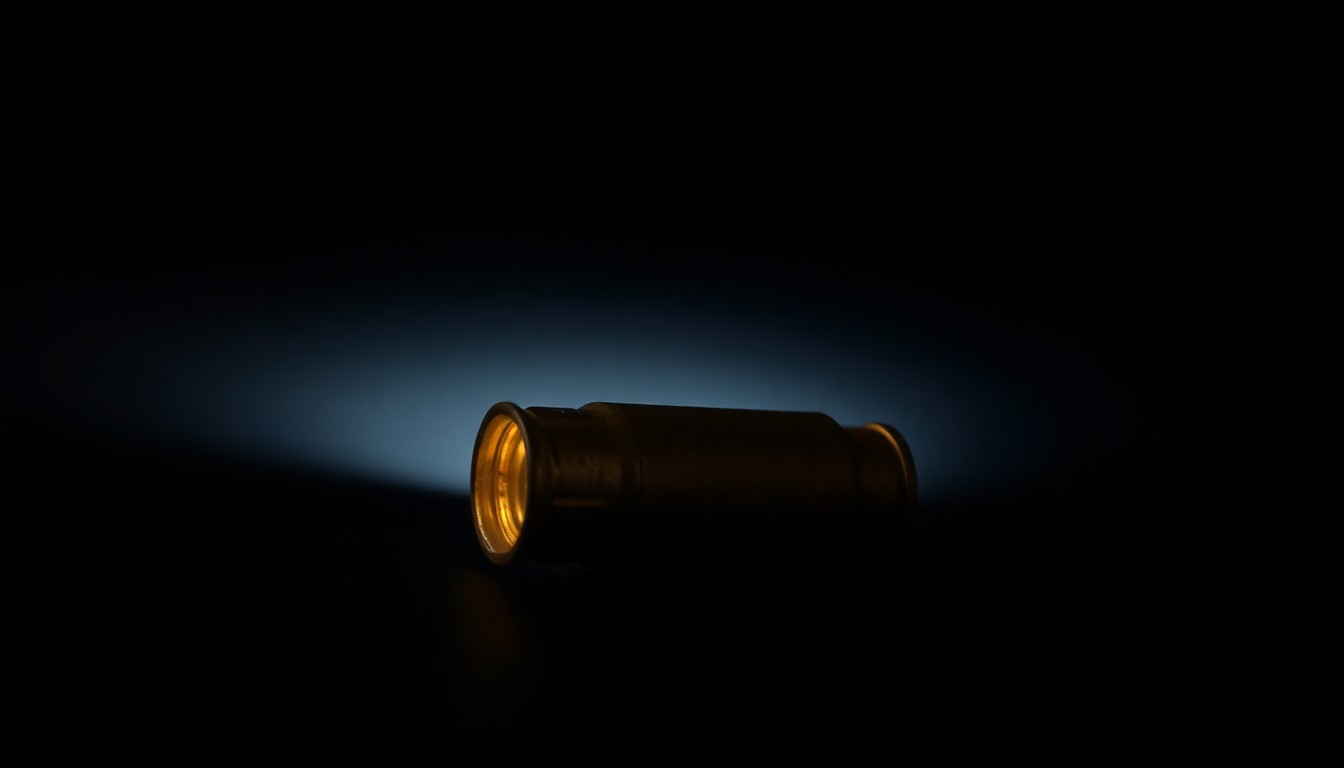 An extreme close-up of a single spent shell casing on a dark surface, capturing the stark, gritty aesthetic of a crime scene investigation through dramatic lighting and shallow depth of field.