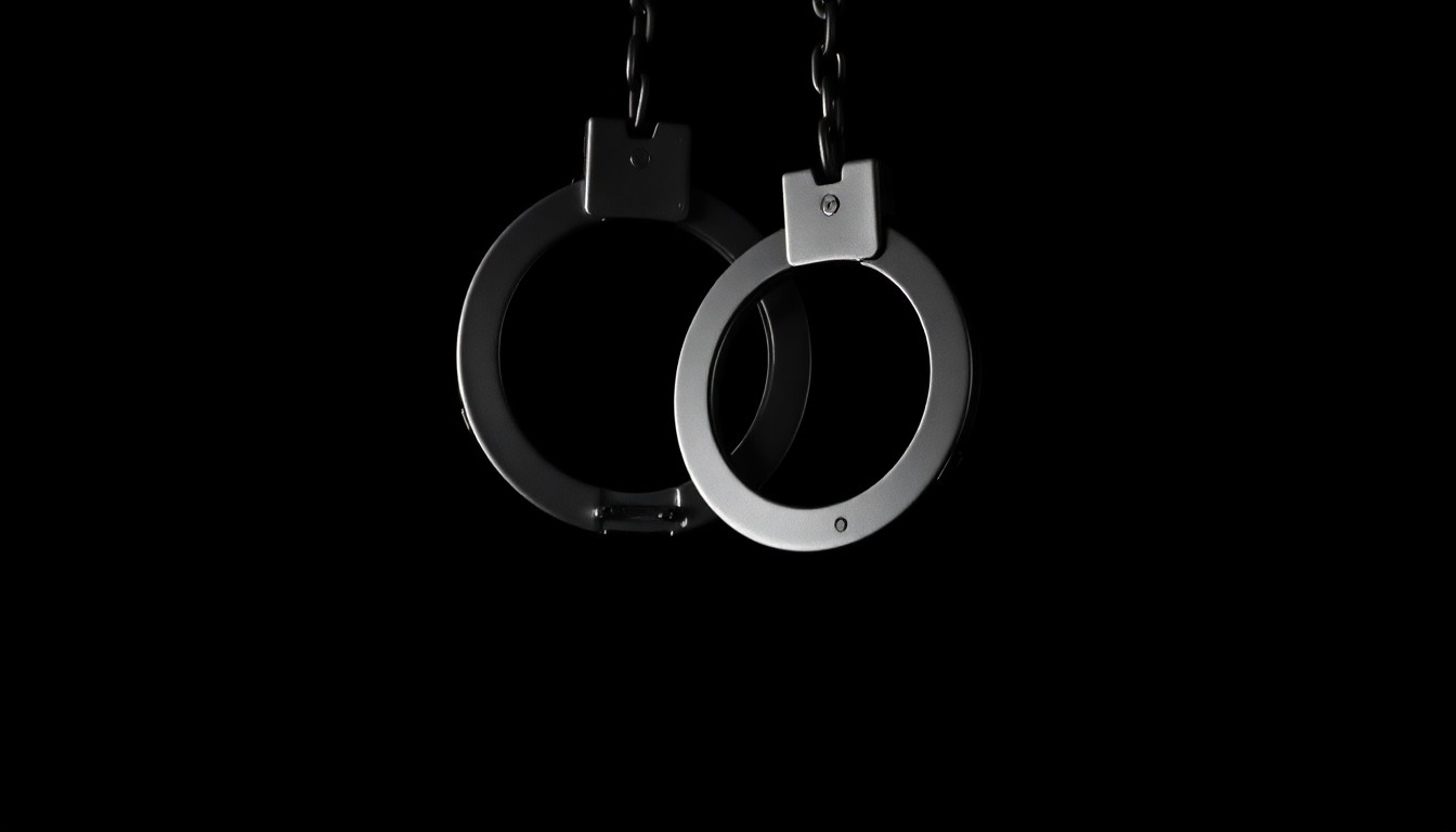 An extreme close-up photograph of a pair of handcuffs against a pitch-black background, conceptually illustrating the arrest of a Salvation Army captain on child pornography charges.