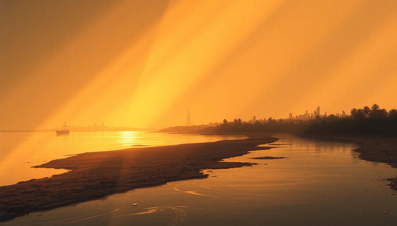 A serene, painterly landscape depicting a river bank with a distant city skyline, conveying a sense of environmental tension and the impact of development on natural resources.