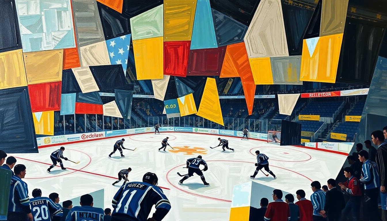 A cubist, geometric painting depicting a hockey game or match, with sharp, overlapping planes of color and shape representing the dynamic action on the ice.