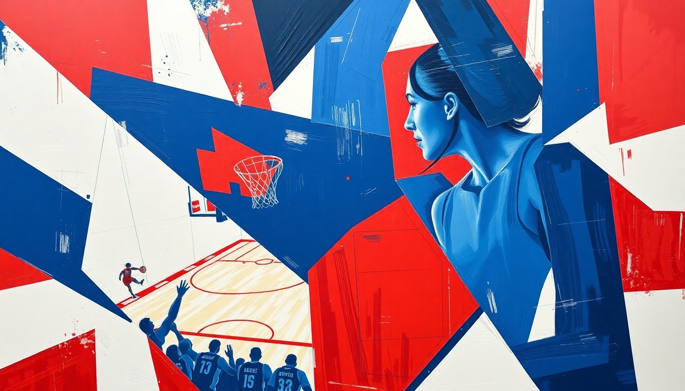A fragmented, geometric painting depicting the dynamic movements and energy of a women's basketball game, with sharp planes of navy, crimson, and white representing the sport's intensity and competitive spirit.