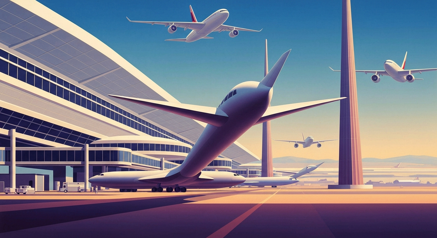 A highly stylized, geometric illustration depicting the towering, streamlined forms of airport terminals and runways, conveying the grand scale and dynamic nature of the global aviation industry.