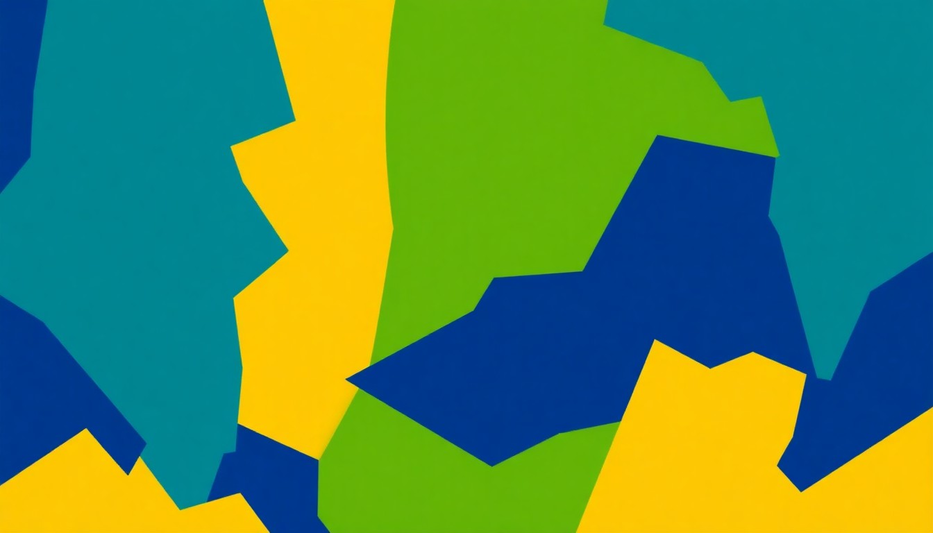 An abstract, minimalist composition of sharp, angular shapes in shades of blue, green, and yellow, representing the diverse communities and musical styles that the Louisville Orchestra tour aims to reach.