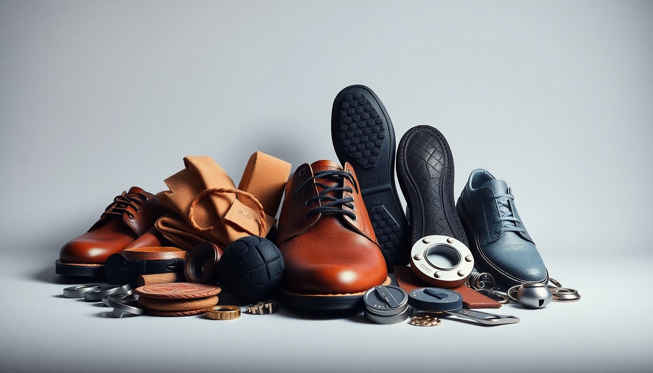 A minimalist studio still life photograph featuring an elegant arrangement of premium shoe materials and components, including leather, rubber soles, and metal hardware, against a clean, monochromatic background, conceptually representing the impact of the QVC bankruptcy on major footwear brands.