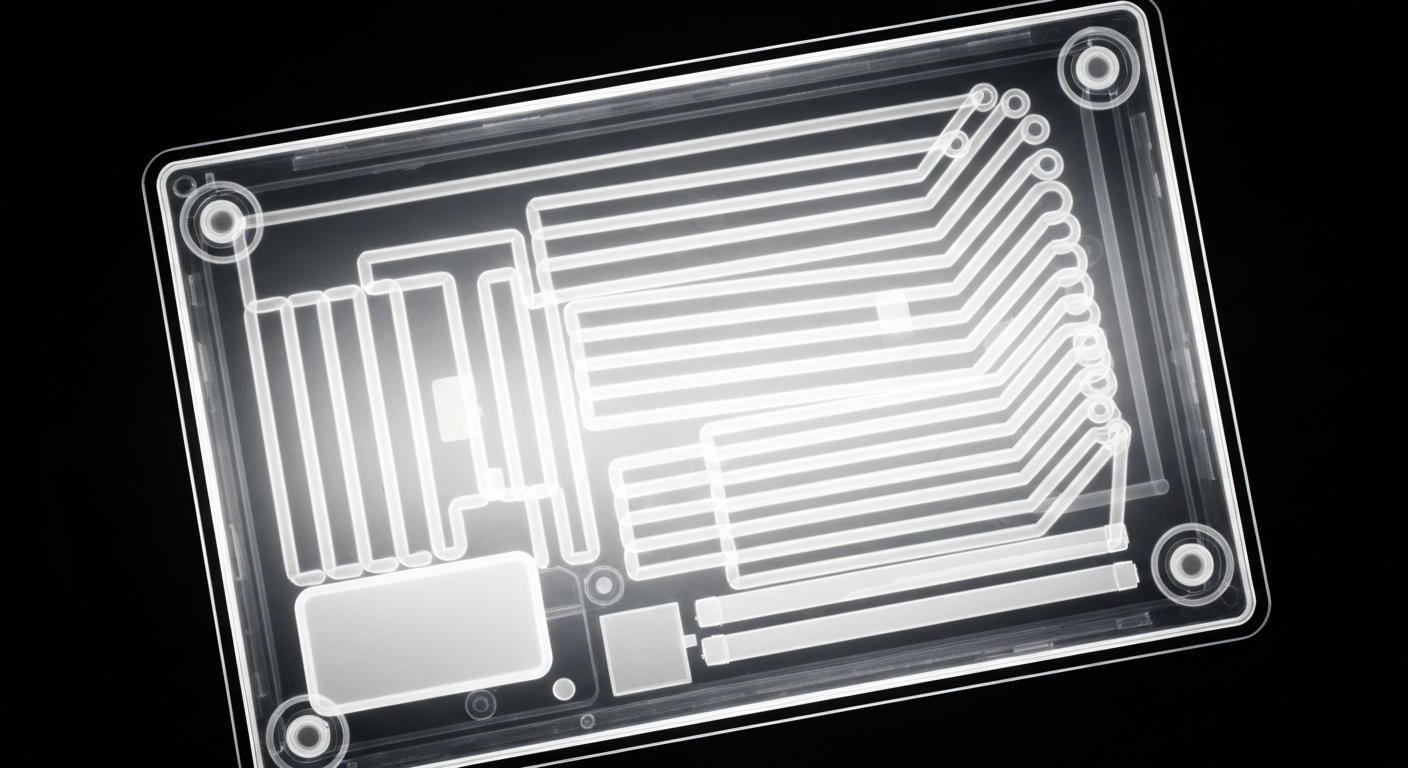 A ghostly, glowing X-ray image of the internal components of a medical data storage device, conceptually representing the sensitive nature of patient health information.