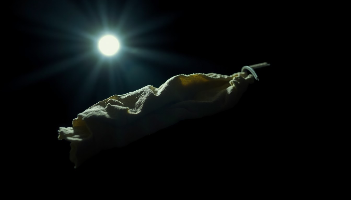 An extreme close-up photograph of a tattered piece of clothing, the fabric's texture and fibers dramatically illuminated by a harsh flash against a pitch-black background, conceptually representing the reopening of a decades-old murder investigation.