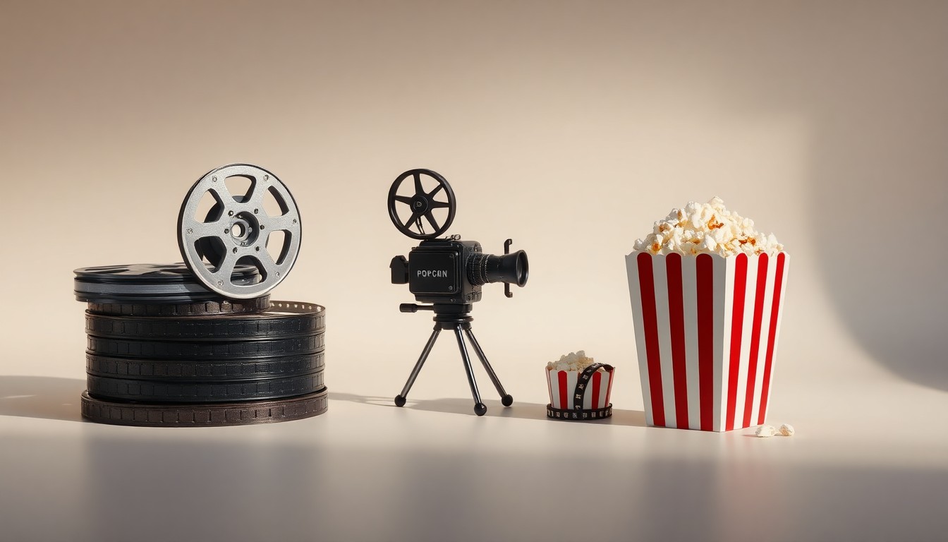 A photorealistic studio still life featuring a stack of film reels, a vintage movie camera, and a popcorn box arranged elegantly on a clean, monochromatic background, symbolizing the future of the theatrical movie experience.