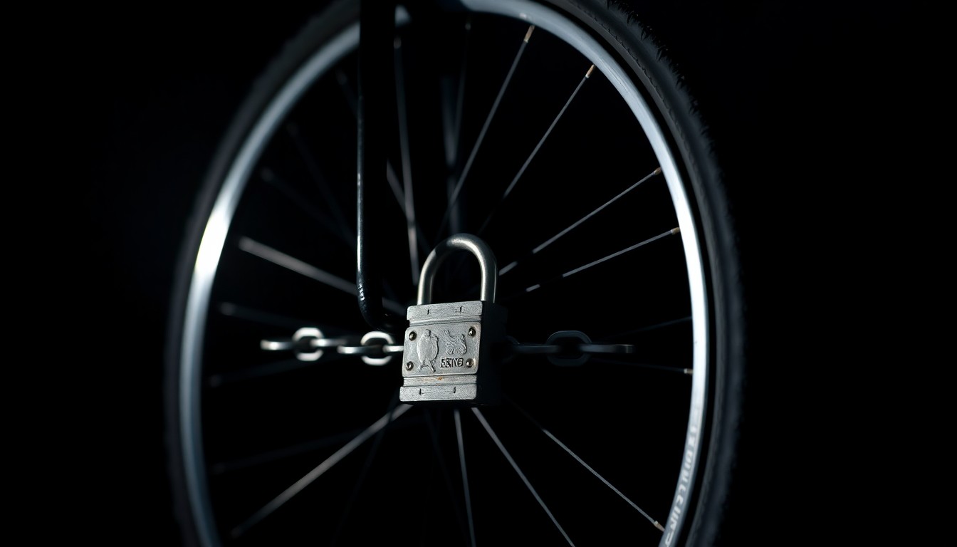 An extreme close-up photograph of a bicycle lock and chain against a pitch-black background, lit by a harsh, direct camera flash, conceptually illustrating the violence of a tragic crime.
