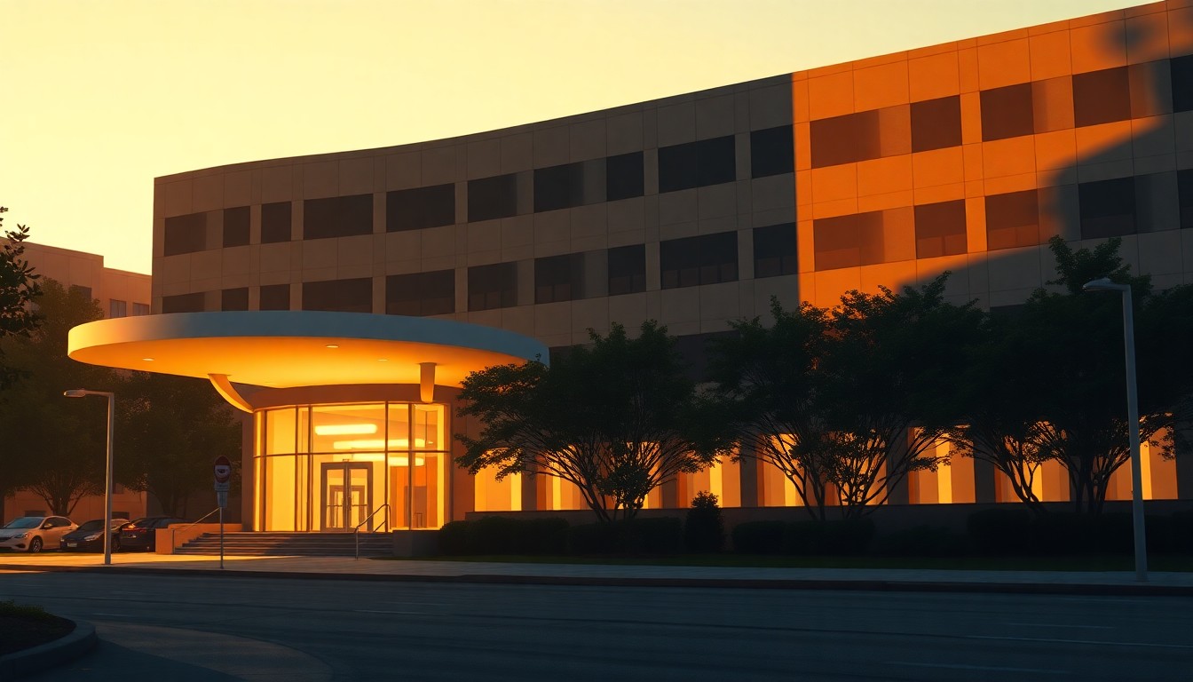 A serene, cinematic painting of the exterior of a government building in warm, golden light, evoking a sense of quiet contemplation around the challenges facing the CDC.