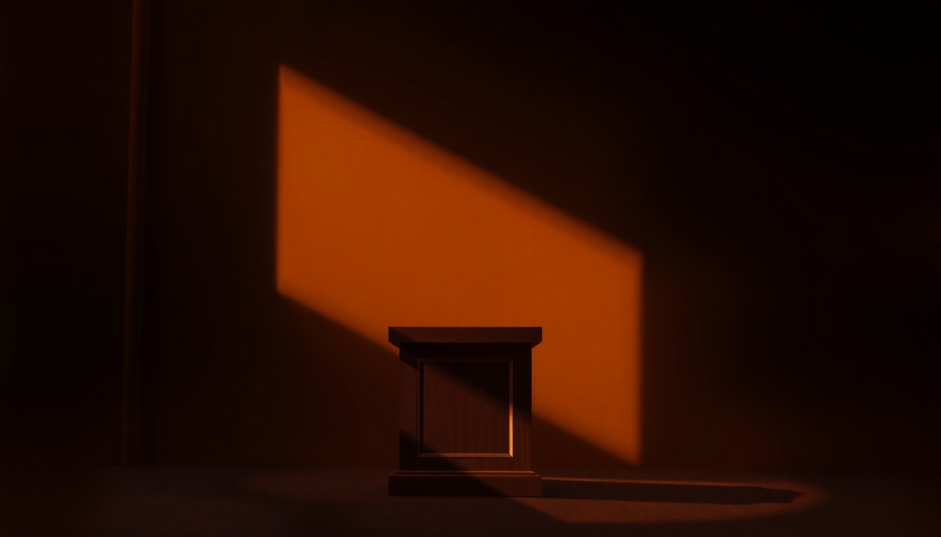 A dimly lit, cinematic painting of a lone city council podium set against a backdrop of urban architecture, the scene bathed in warm, dramatic lighting that casts deep shadows, conveying a sense of political tension and civic discourse.