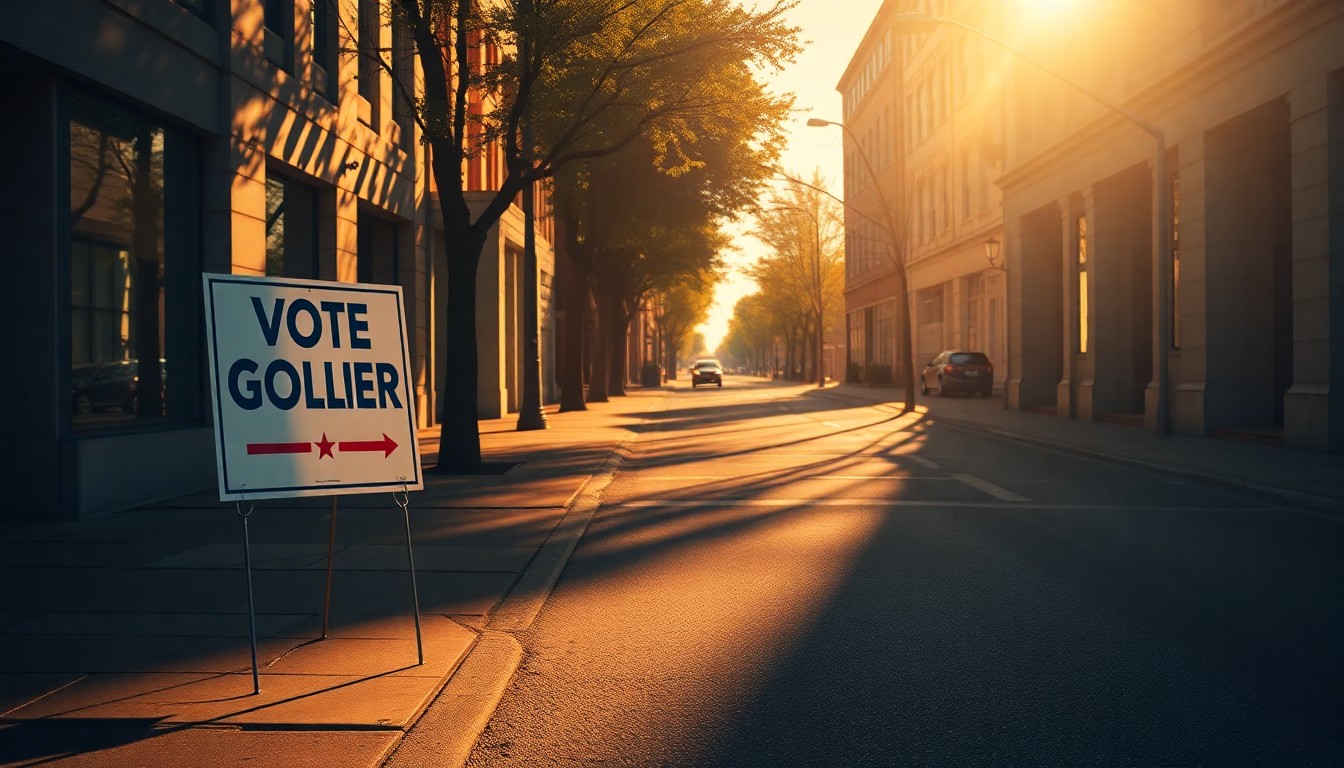 A photorealistic painting in the style of Edward Hopper, depicting a lone campaign sign standing on a sun-dappled urban street corner, casting long shadows across the pavement. The scene conveys a sense of quiet contemplation and political uncertainty.