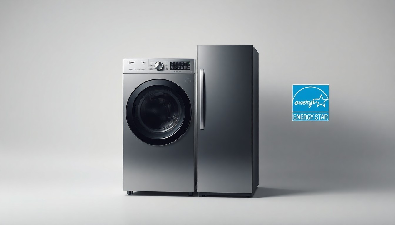 A photorealistic studio still-life image of a sleek, modern appliance product placed on a clean, monochromatic background, using dramatic lighting to highlight the efficiency and innovation of ENERGY STAR-certified products.
