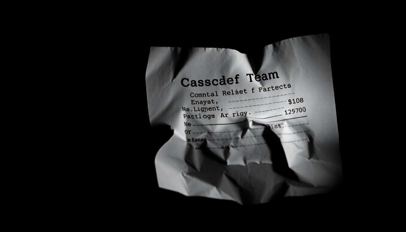 An extreme close-up of a crumpled financial document, its edges and creases sharply defined by the stark lighting, conveying a sense of investigative urgency around the alleged embezzlement of charitable funds.