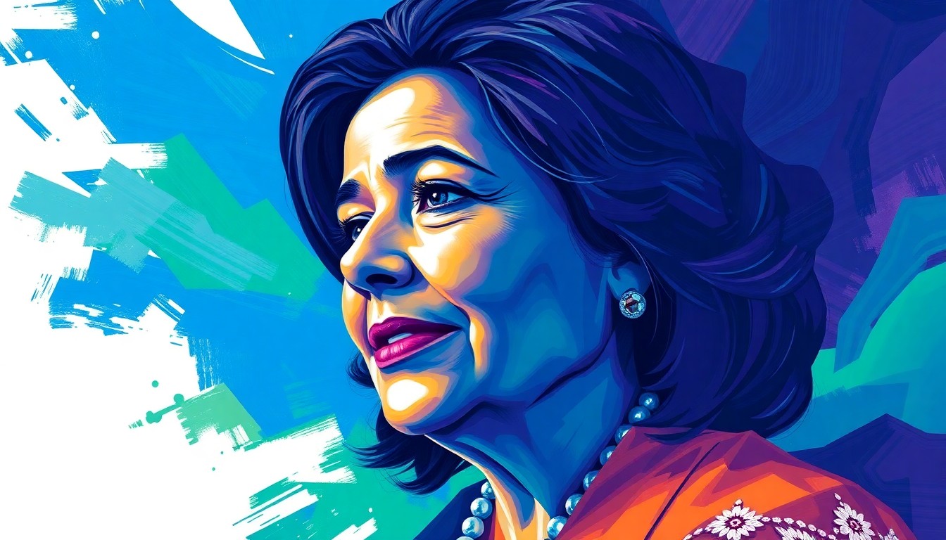 A dynamic, abstract painting featuring overlapping, fractured geometric shapes in shades of blue, green, and purple, conceptually representing the progressive energy behind Analilia Mejía's election victory.