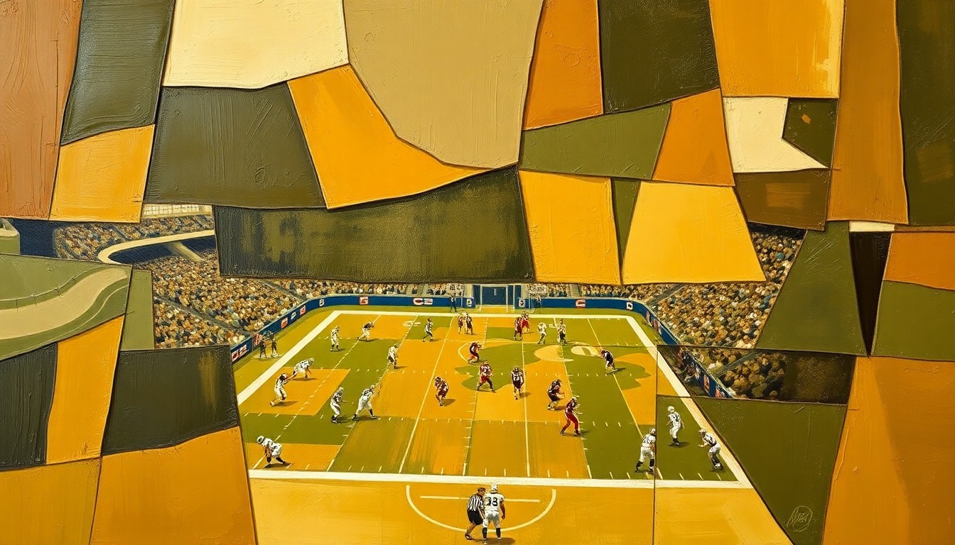 A fragmented, geometric painting depicting the overlapping perspectives and competing interests of NFL teams and players during the draft process, rendered in muted earth tones.