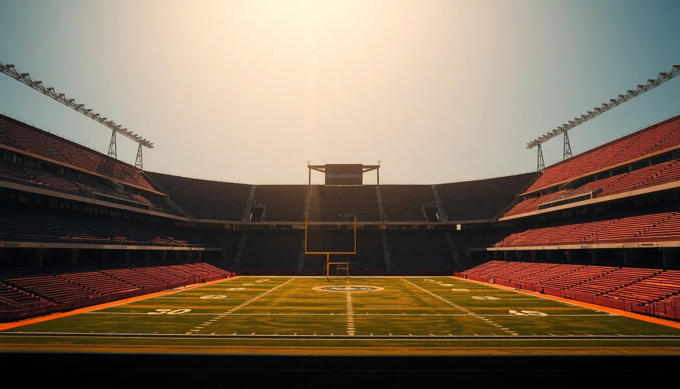 A cinematic painting of an empty college sports stadium, with warm sunlight casting deep shadows across the empty seats, conveying a sense of melancholy and the fading glory of the system.