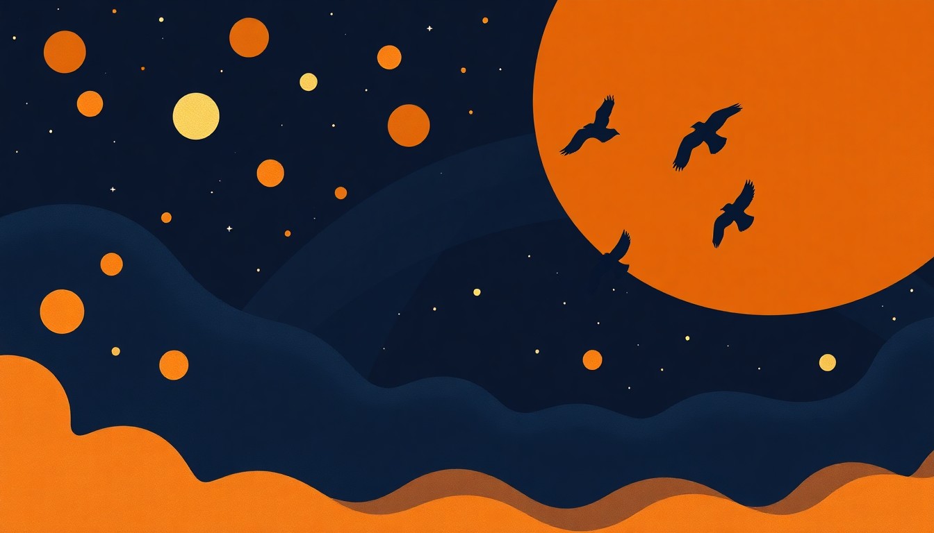 An abstract, geometric illustration depicting a flock of stylized bird silhouettes in flight against a night sky filled with glowing celestial orbs and intersecting waveforms, conveying the complex natural forces guiding migratory birds.