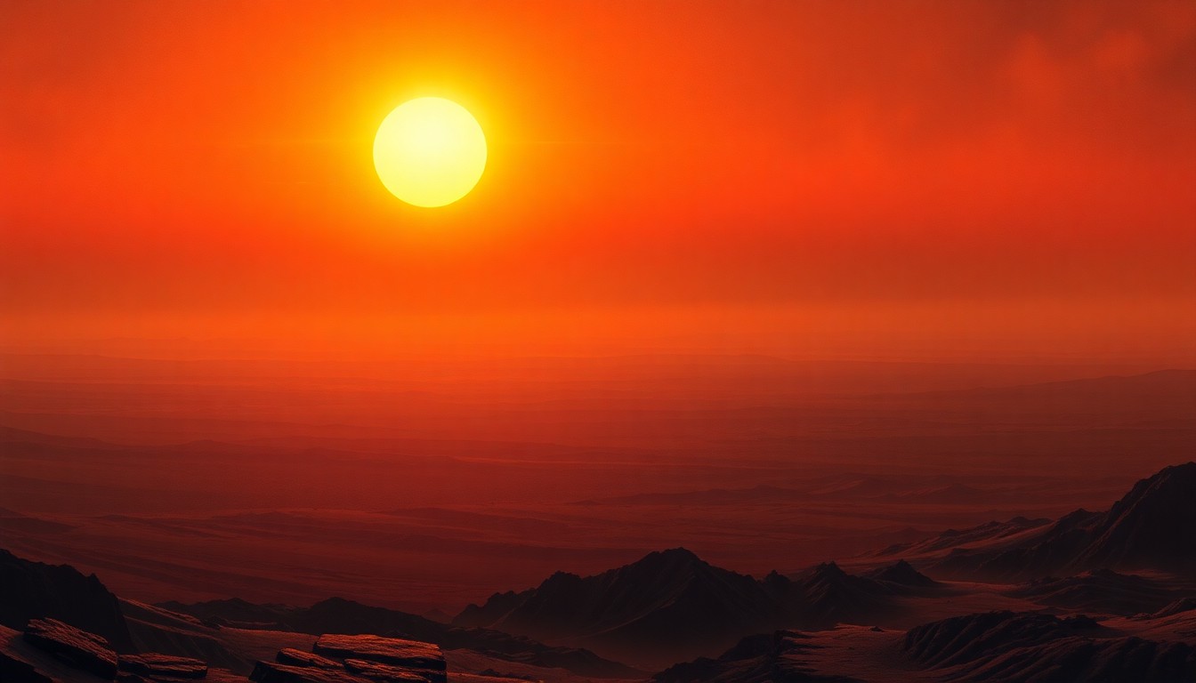 A sweeping, atmospheric landscape painting featuring a hazy, scorching horizon under a blazing sun, conveying the overwhelming, sublime scale of the natural world during an extreme heat event.