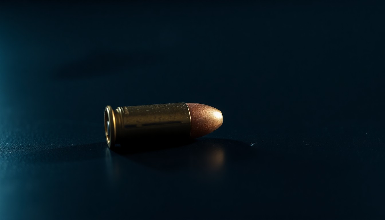 An extreme close-up of a single spent bullet casing on a dark surface, reflecting a harsh, direct camera flash, conceptually illustrating the tragic outcome of this law enforcement incident.