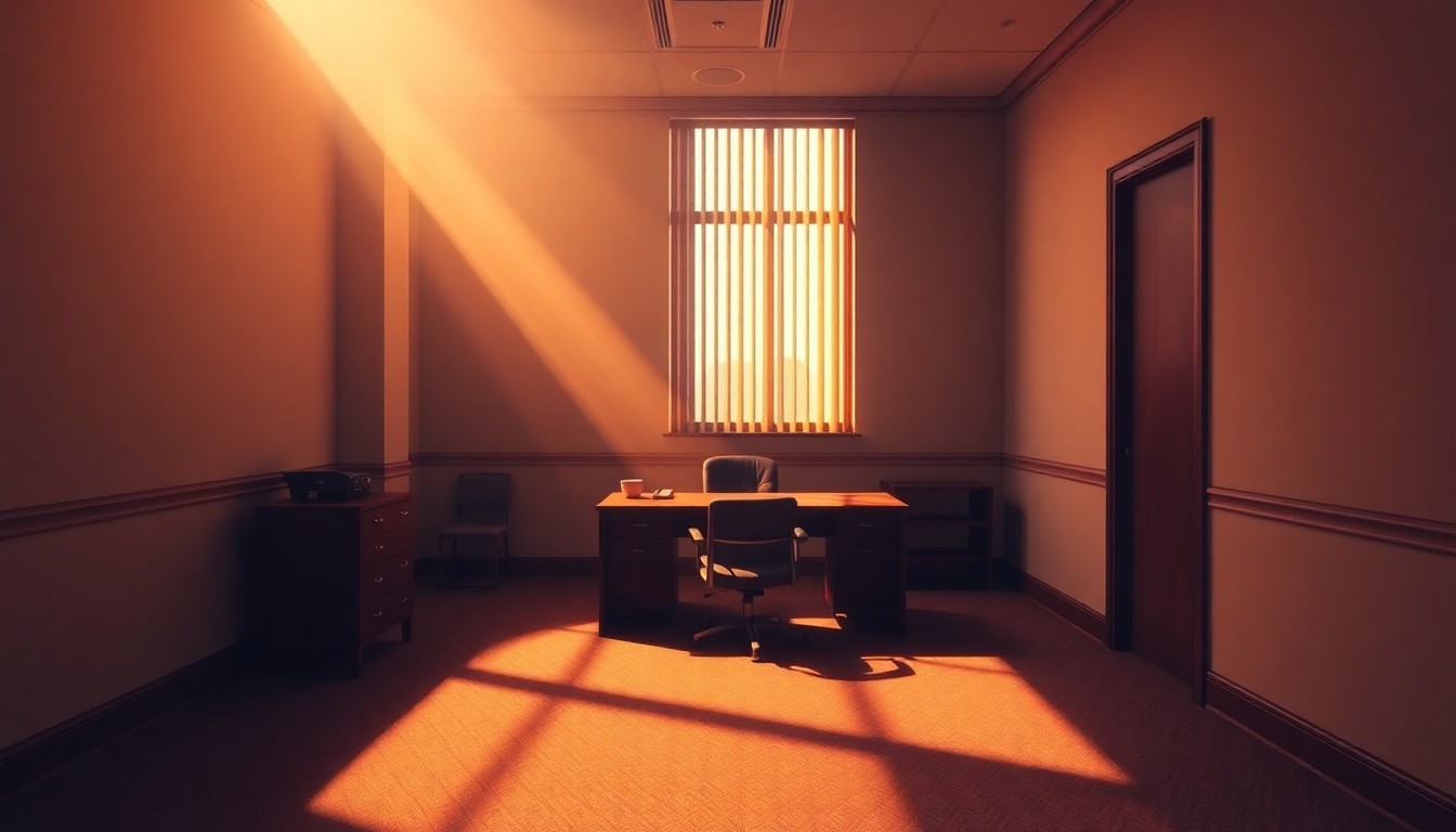 A dimly lit, cinematic painting of an empty government office space, with a single desk and chair bathed in warm, diagonal sunlight and deep shadows, conveying a sense of solemnity and the weight of a difficult political decision.