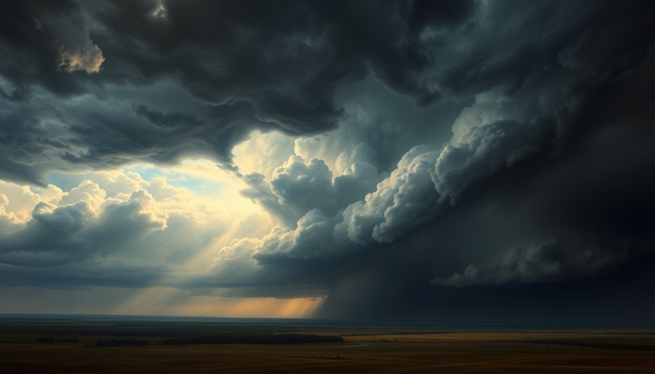 A vast, atmospheric landscape painting depicting a massive, swirling thunderstorm system dominating the horizon, with dark clouds and dramatic lighting dwarfing any visible structures or landmarks in the distance.