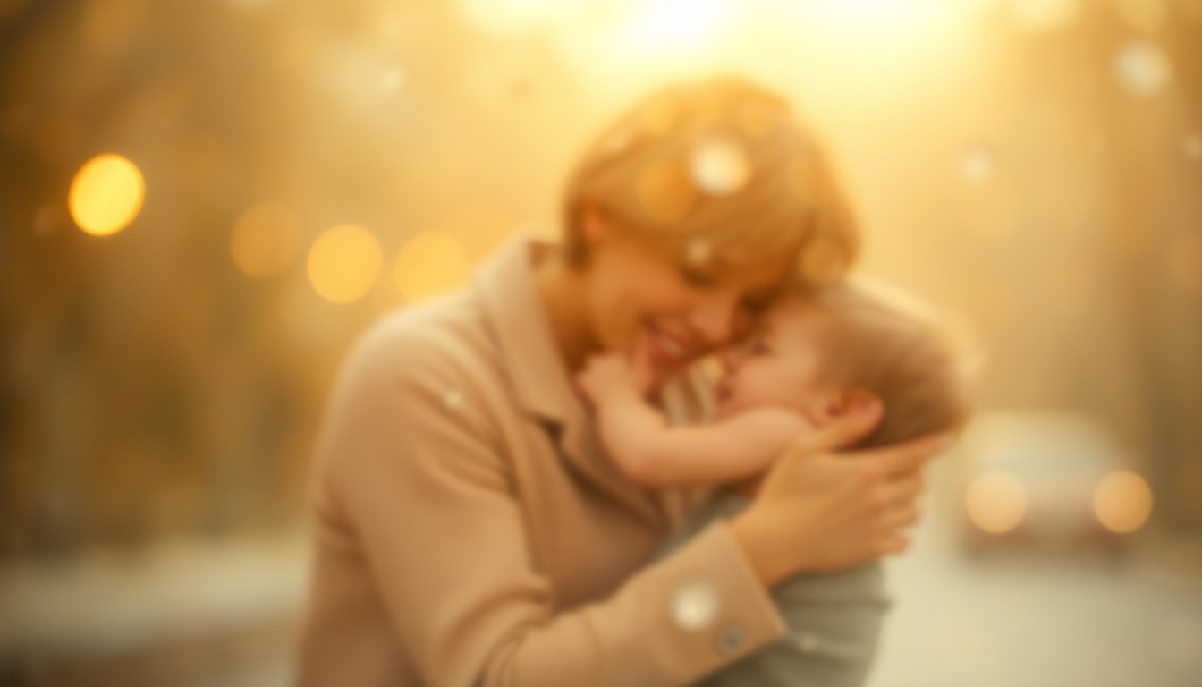 An extremely blurred, dreamlike photograph of a parent and child embracing, conveying a sense of intimacy, love, and nostalgia.