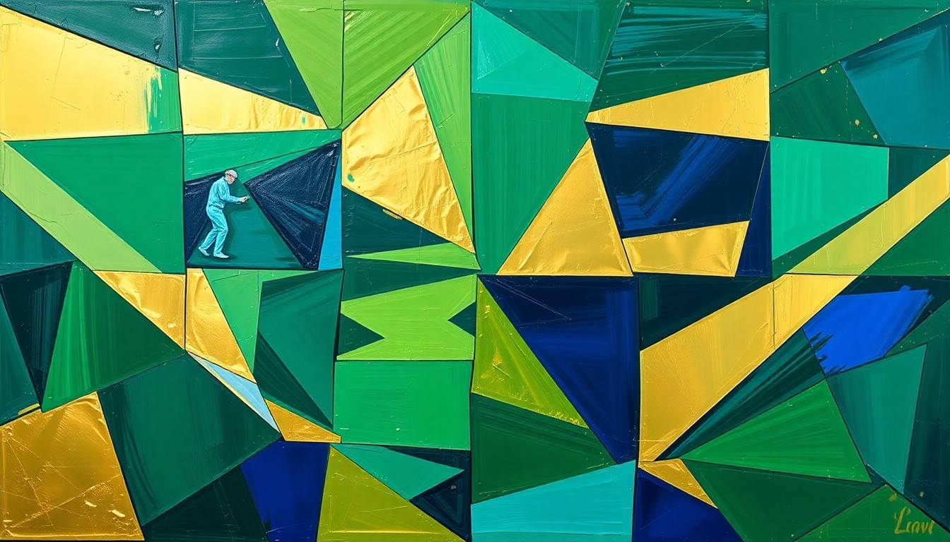 A cubist, geometric painting depicting a fragmented view of a LIV Golf tournament, with sharp, overlapping planes in shades of green, blue, and gold, conveying the league's uncertain yet determined path forward.