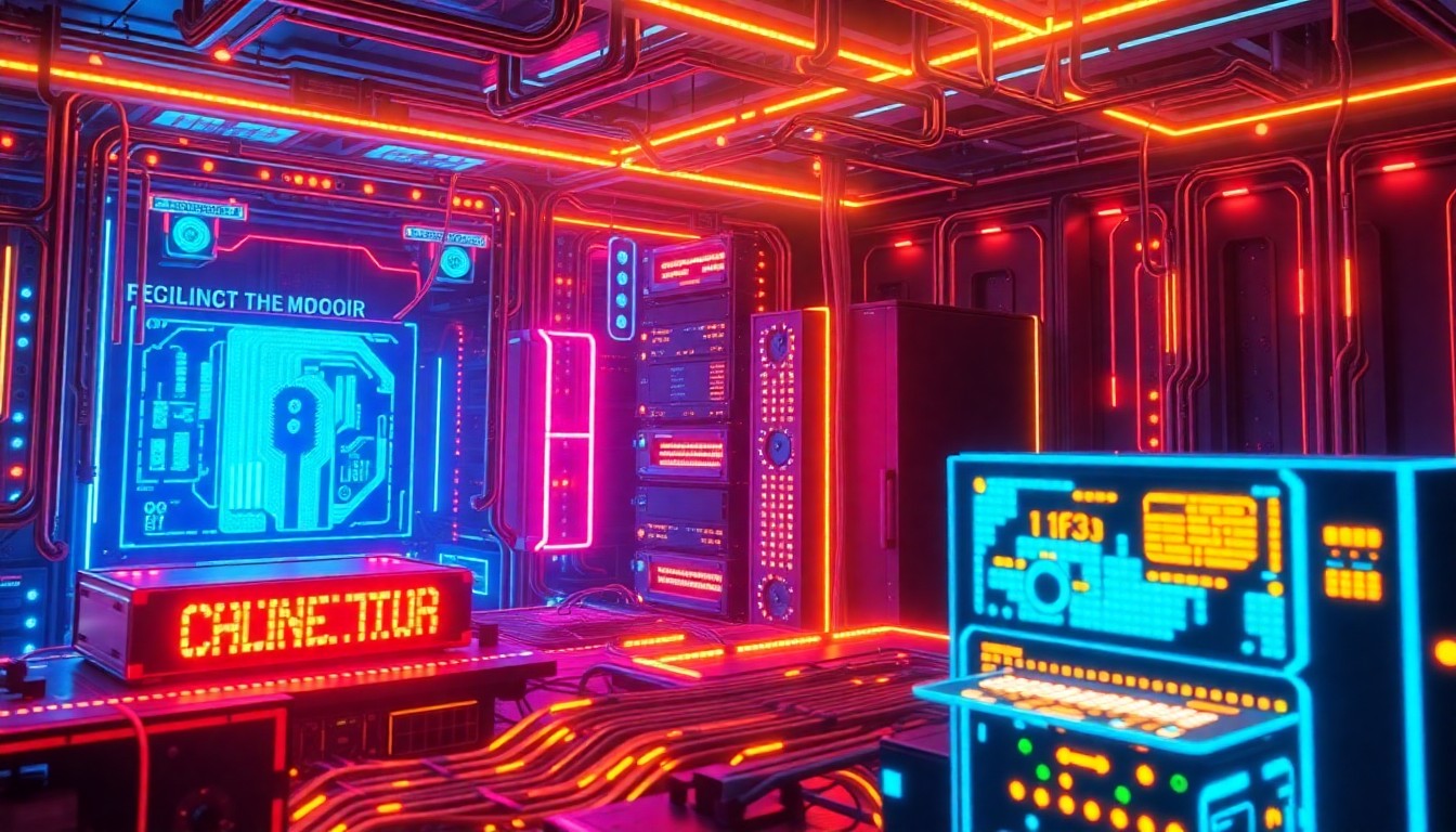 A complex, glowing 3D illustration of futuristic cybersecurity hardware and infrastructure, with neon cyan and magenta lights illuminating the intricate components, conveying the powerful and potentially dangerous capabilities of the Mythos AI model.
