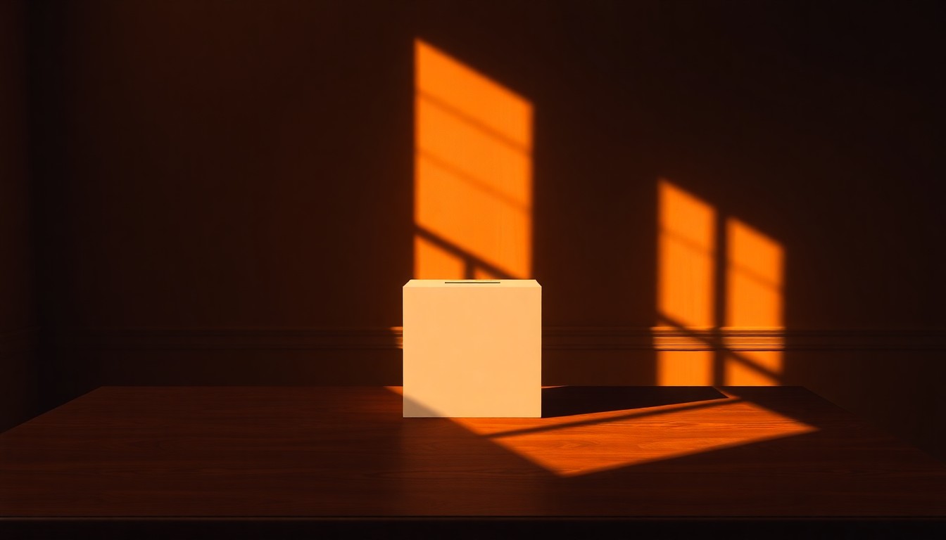 A close-up view of a simple wooden ballot box sitting alone on a desk, the scene bathed in warm, dramatic lighting that casts deep shadows, conveying a sense of both solemnity and vulnerability around the electoral process.