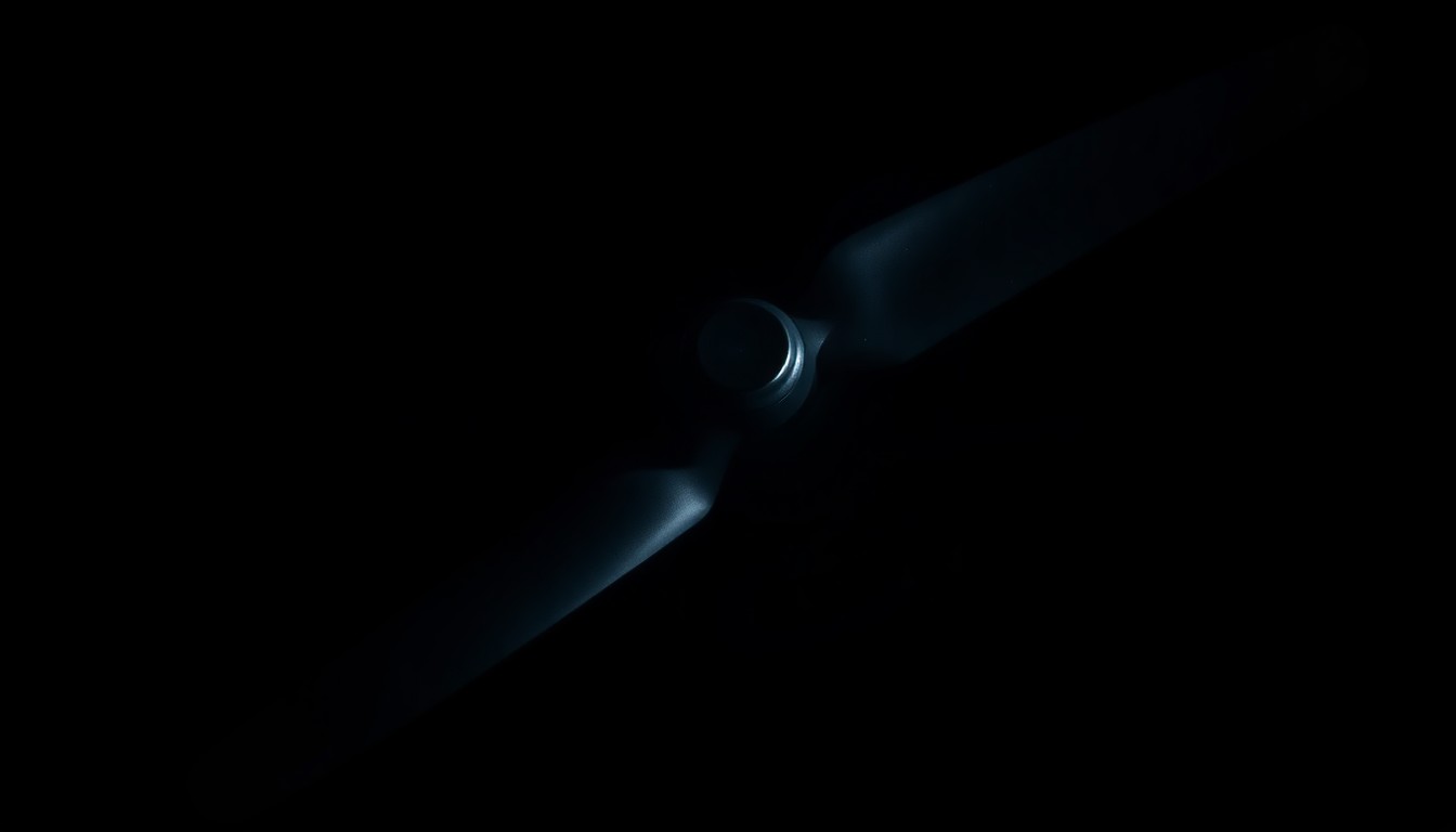 An extreme close-up photograph of a drone propeller blade, its sharp edges and textured surface dramatically lit by a harsh, direct camera flash against a pitch-black background, creating a stark, gritty, investigative aesthetic.