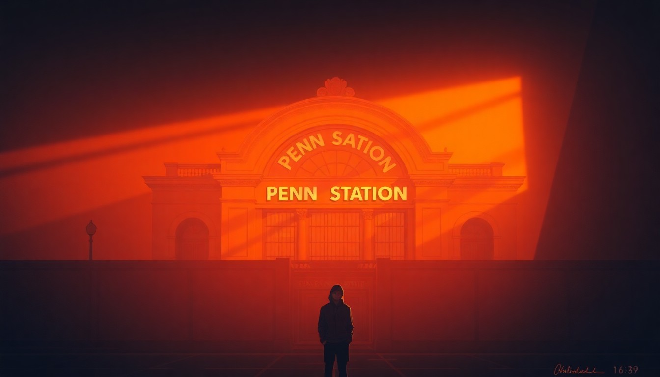 A cinematic painting of the grand, historic Penn Station building in New York City, with warm sunlight streaming in through the windows and deep shadows across the facade. A solitary figure stands in the foreground, their face obscured, creating a contemplative, nostalgic mood.