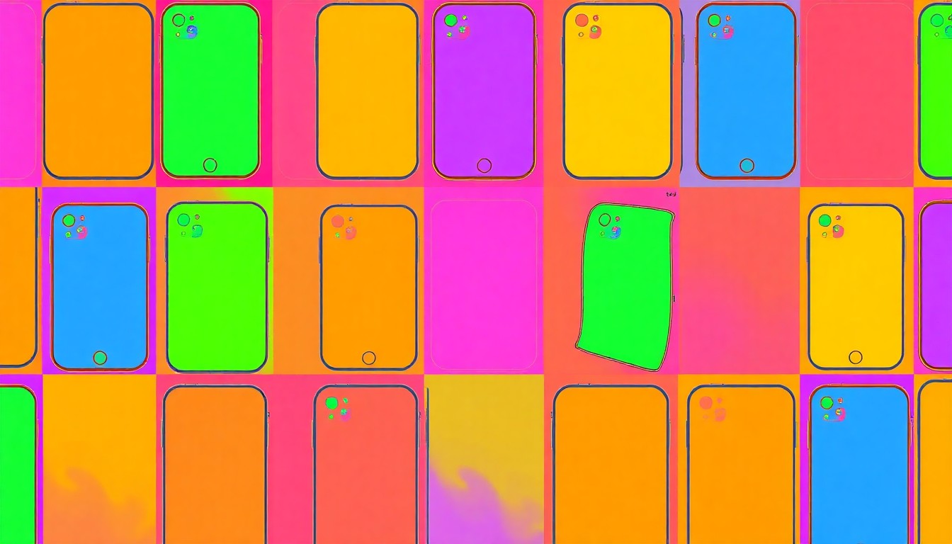 A brightly colored, high-contrast silkscreen print of a single, iconic smartphone icon repeated in a tight grid pattern, utilizing flat, vibrant, and unnatural neon color palettes overlapping with heavy black photographic outlines to turn the everyday technology object into a conceptual pop art representation of the challenges domestic abuse survivors face in accessing secure communication.