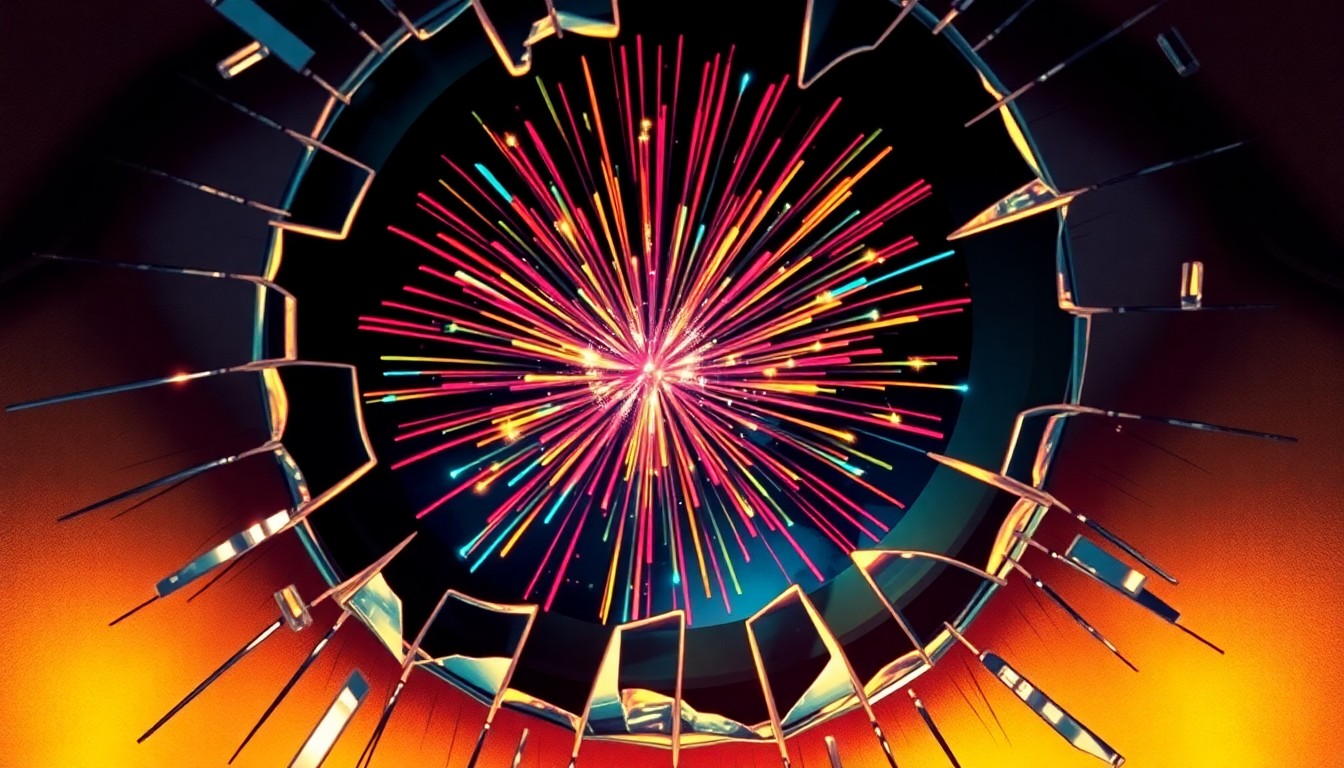 An abstract close-up image of shattered glass reflecting colorful fireworks, conveying the emotional turmoil and dramatic stakes faced by the characters in the TV series.