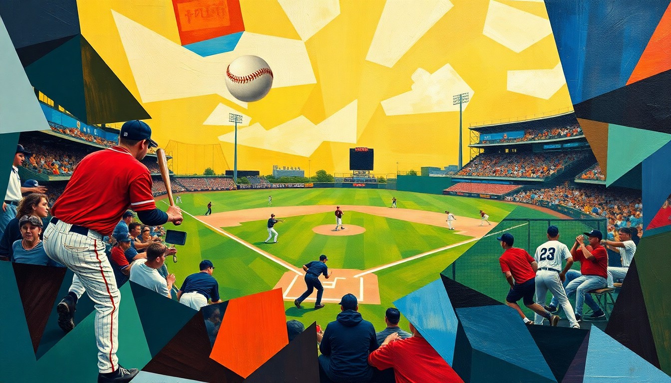 A fragmented, geometric painting in vibrant colors depicting the dynamic action and energy of a high school baseball game, with players and the field of play broken down into sharp, overlapping planes.