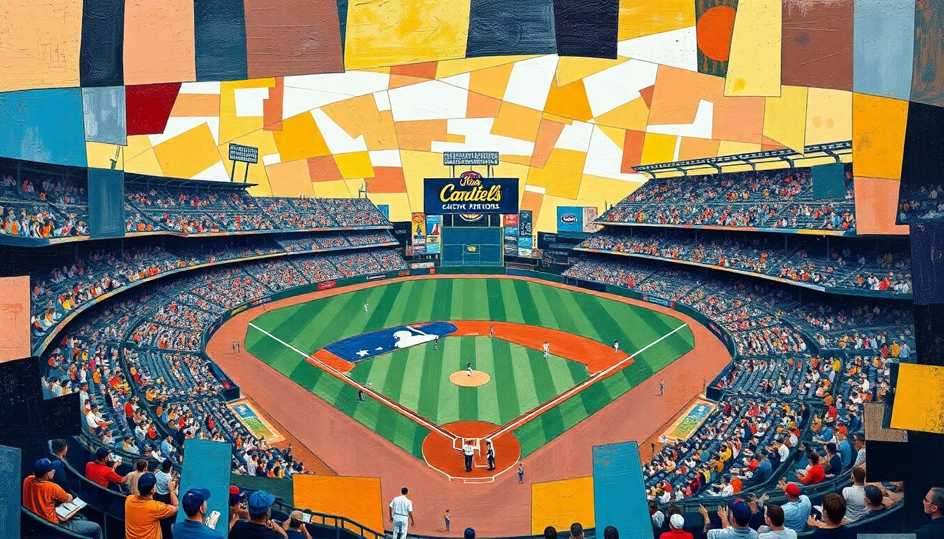 A fragmented, cubist-style painting depicting a baseball game scene, with sharp, overlapping geometric shapes in muted tones representing the chaotic energy of the inappropriate fan interaction.