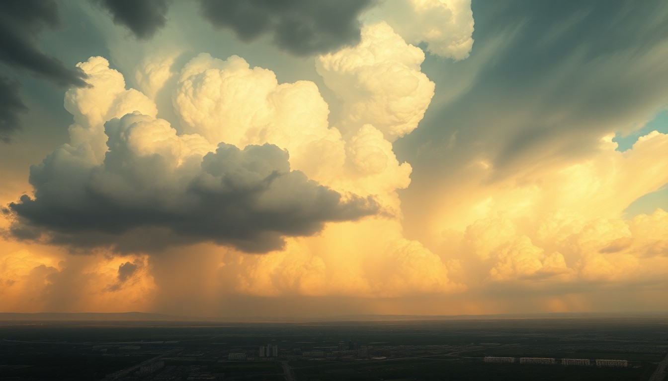 A sweeping, atmospheric landscape painting depicting the vast, looming presence of a storm system over the city of Oklahoma City, with the urban landscape dwarfed by the dramatic, turbulent clouds and dramatic lighting.