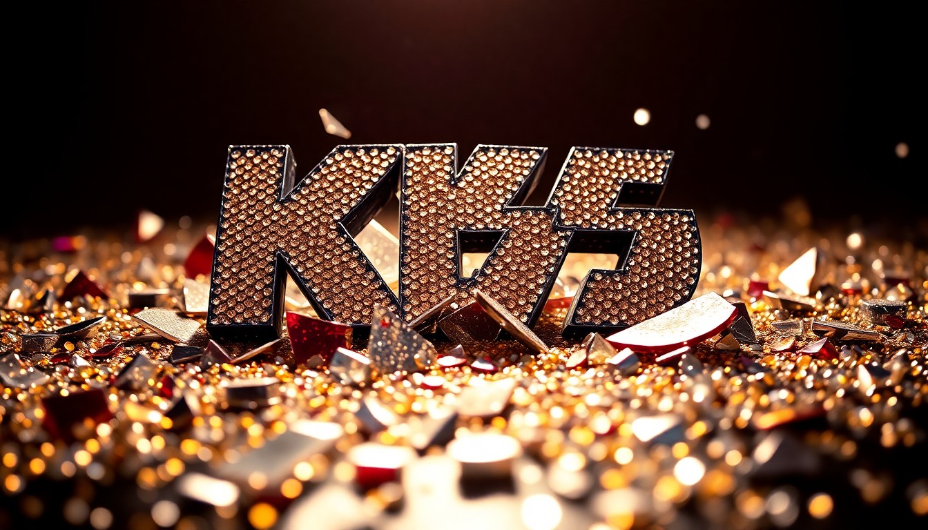An abstract close-up image of shimmering KISS-themed sequins and shattered disco glass, bathed in dramatic high-contrast lighting to create a glitzy, high-fashion aesthetic.