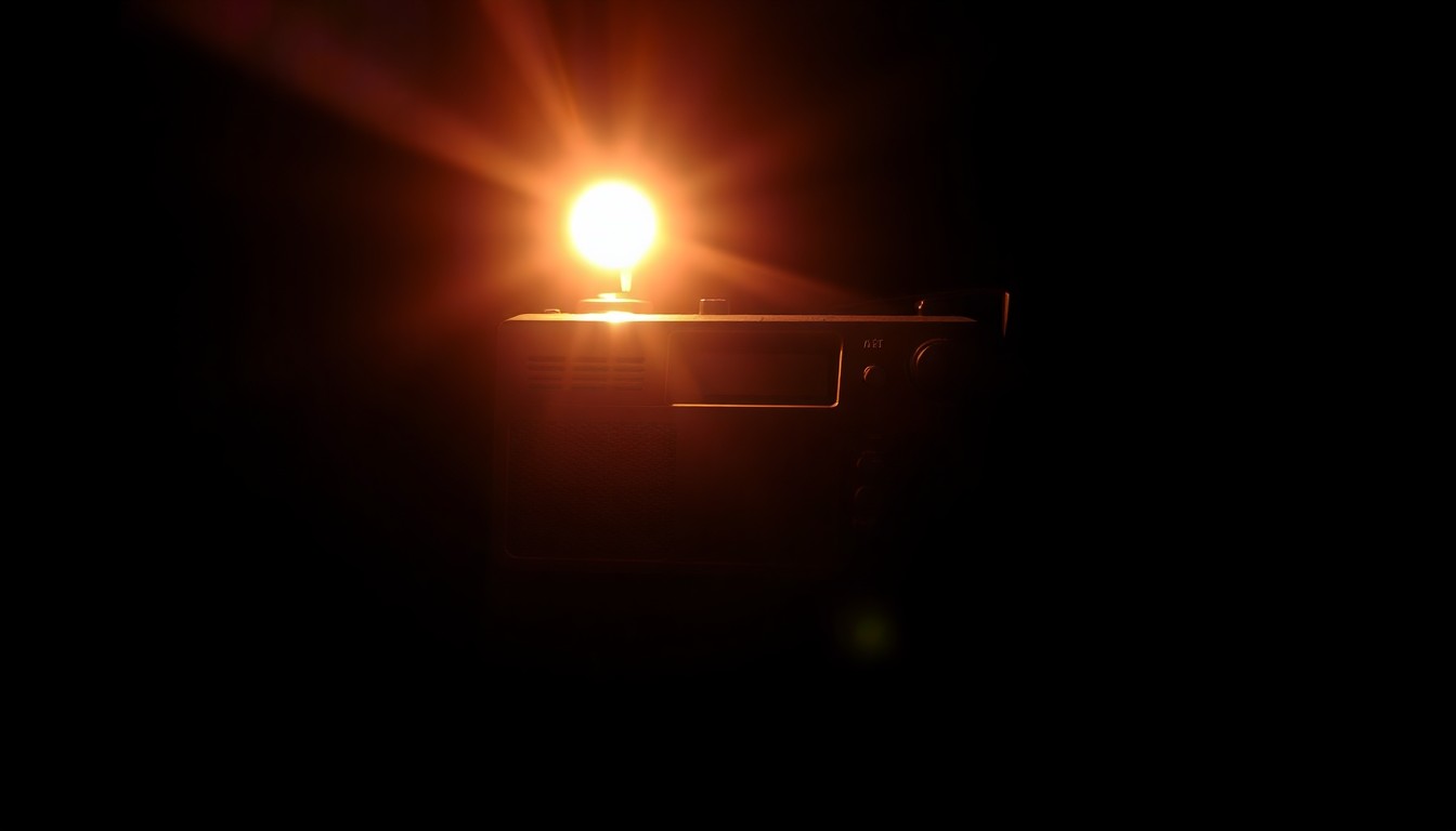 An extreme close-up photograph of a police radio or other crime scene evidence object, capturing the stark, gritty, and investigative nature of the incident through dramatic lighting and a pitch-black background.