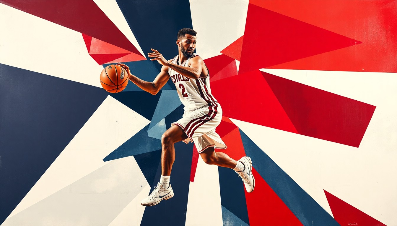 A cubist, geometric painting depicting a college basketball player in motion, with sharp, overlapping planes of crimson red, white, and navy blue.