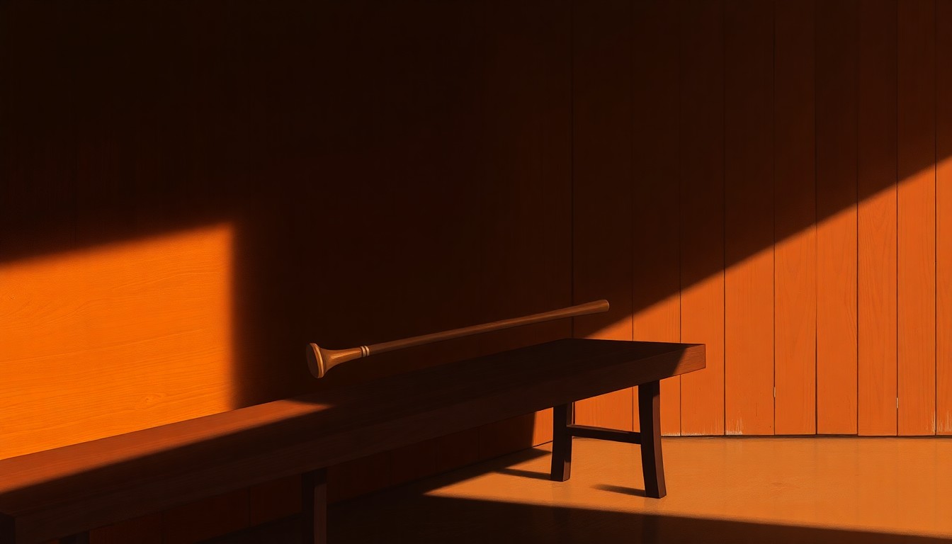 A close-up painting of a wooden gavel resting on a bench, with warm light and deep shadows creating a contemplative, cinematic mood.