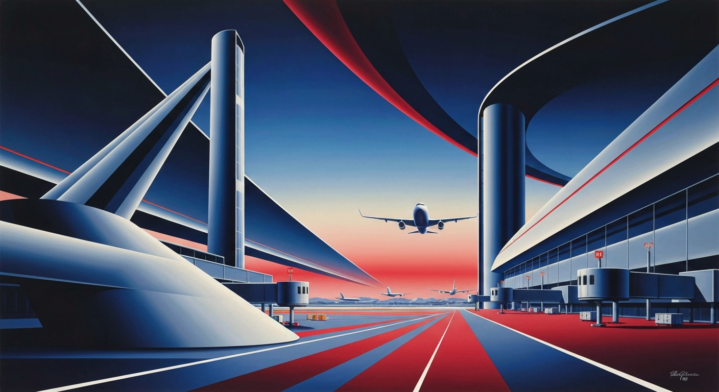 A highly stylized, geometric illustration depicting the grand scale and functional nature of an airport terminal, with sweeping lines, smooth gradients, and a sense of authority and efficiency.