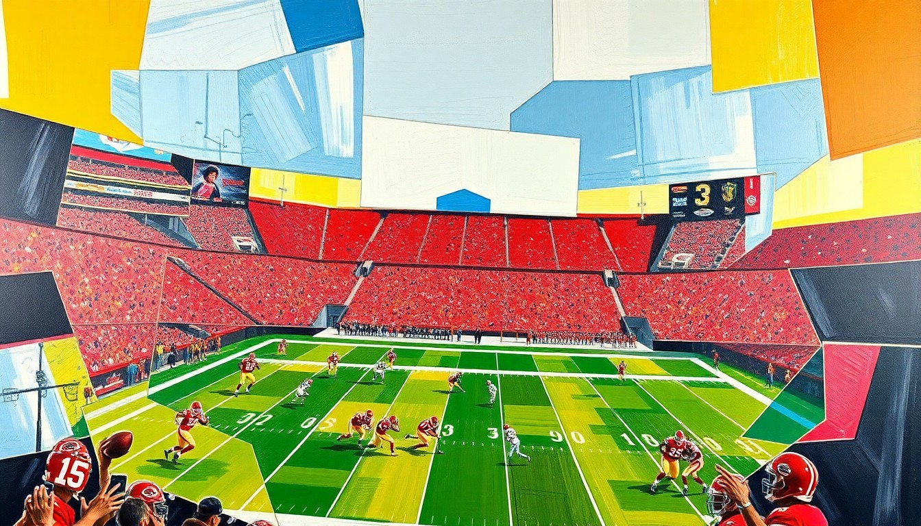 A fragmented, geometric painting depicting a Kansas City Chiefs football play, with players and the field broken down into sharp, overlapping shapes and planes of color.