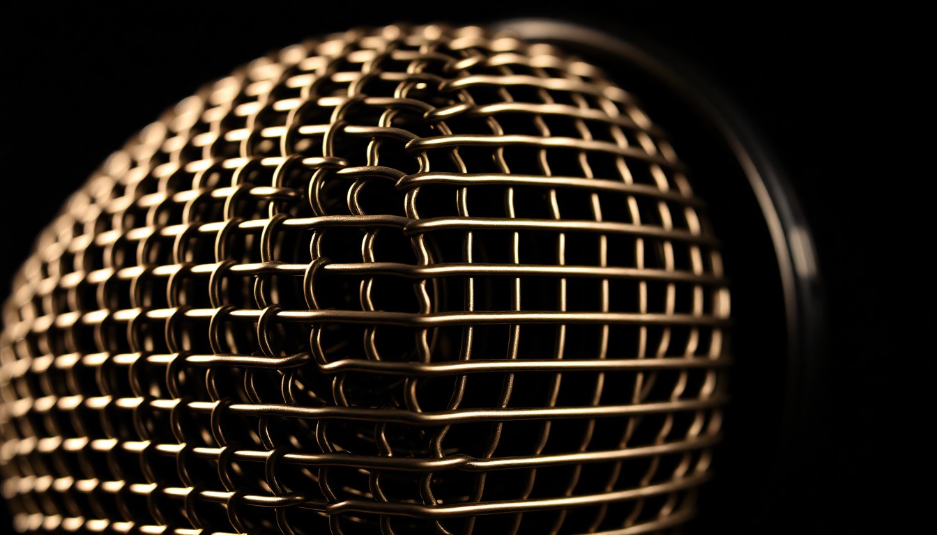 An extreme close-up photograph of a metallic microphone grille, capturing the intricate, textured pattern of the perforated mesh in dramatic studio lighting to conceptually represent the rich, soulful vocals of the late Jamaican singer Ernie Smith.
