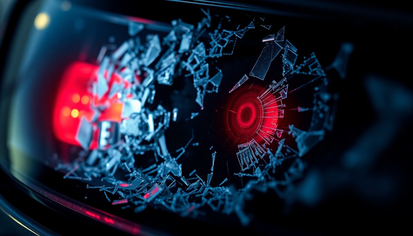 An extreme close-up of a shattered car sensor lens reflecting a faint red light, conceptually illustrating the vandalism of self-driving cars.