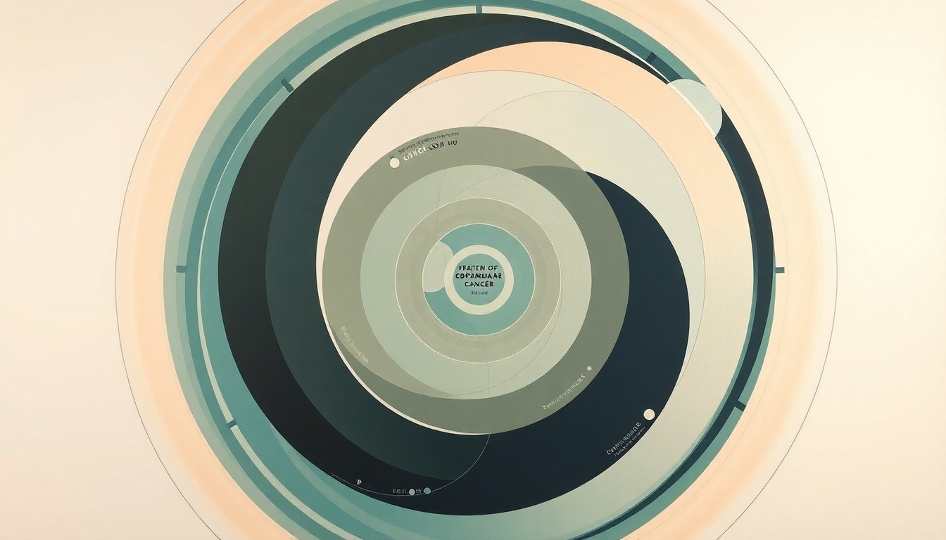 A highly textured, abstract painting in soft pastel colors featuring sweeping geometric shapes, concentric circles, and precise botanical spirals, conceptually representing the complex and interconnected nature of cancer research.