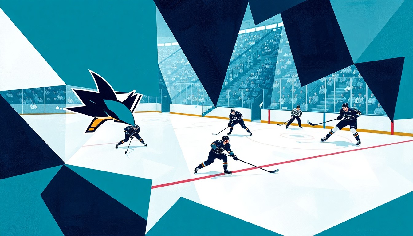A fractured, multi-perspective painting depicting a hockey game, with the players' movements and the puck's trajectory represented through bold, angular shapes in a palette of teal, navy, and white, capturing the raw energy and dynamism of the sport.