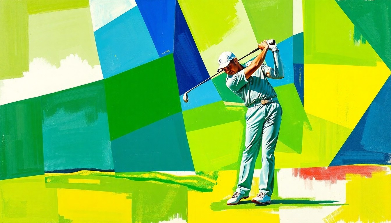 A fragmented, cubist-style painting depicting the motion and energy of a golfer's swing, with sharp, overlapping geometric shapes in vibrant greens, blues, and yellows.